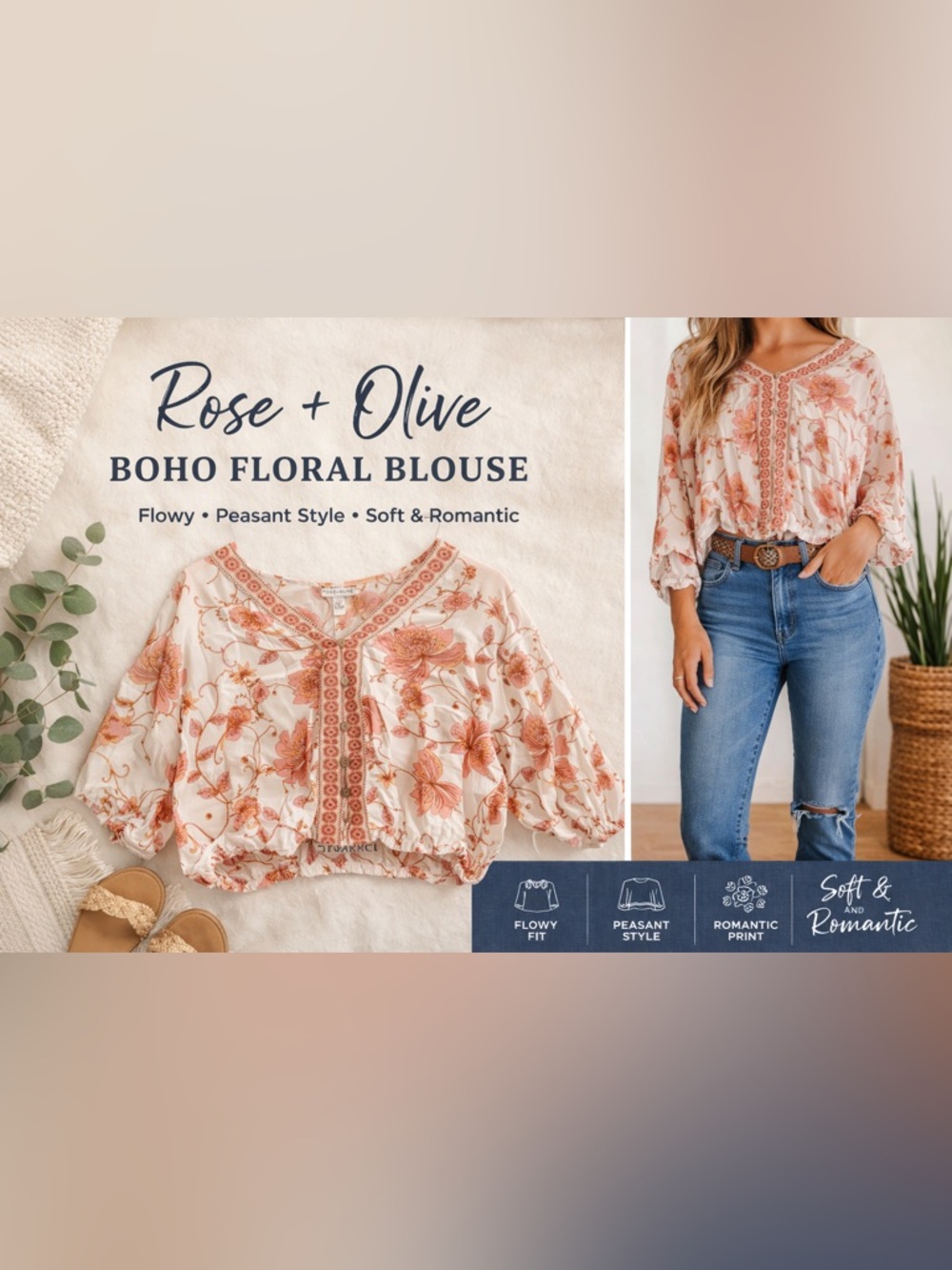 Rose + Olive Boho Floral Blouse Size Small Flowy Peasant Top Pink Cream